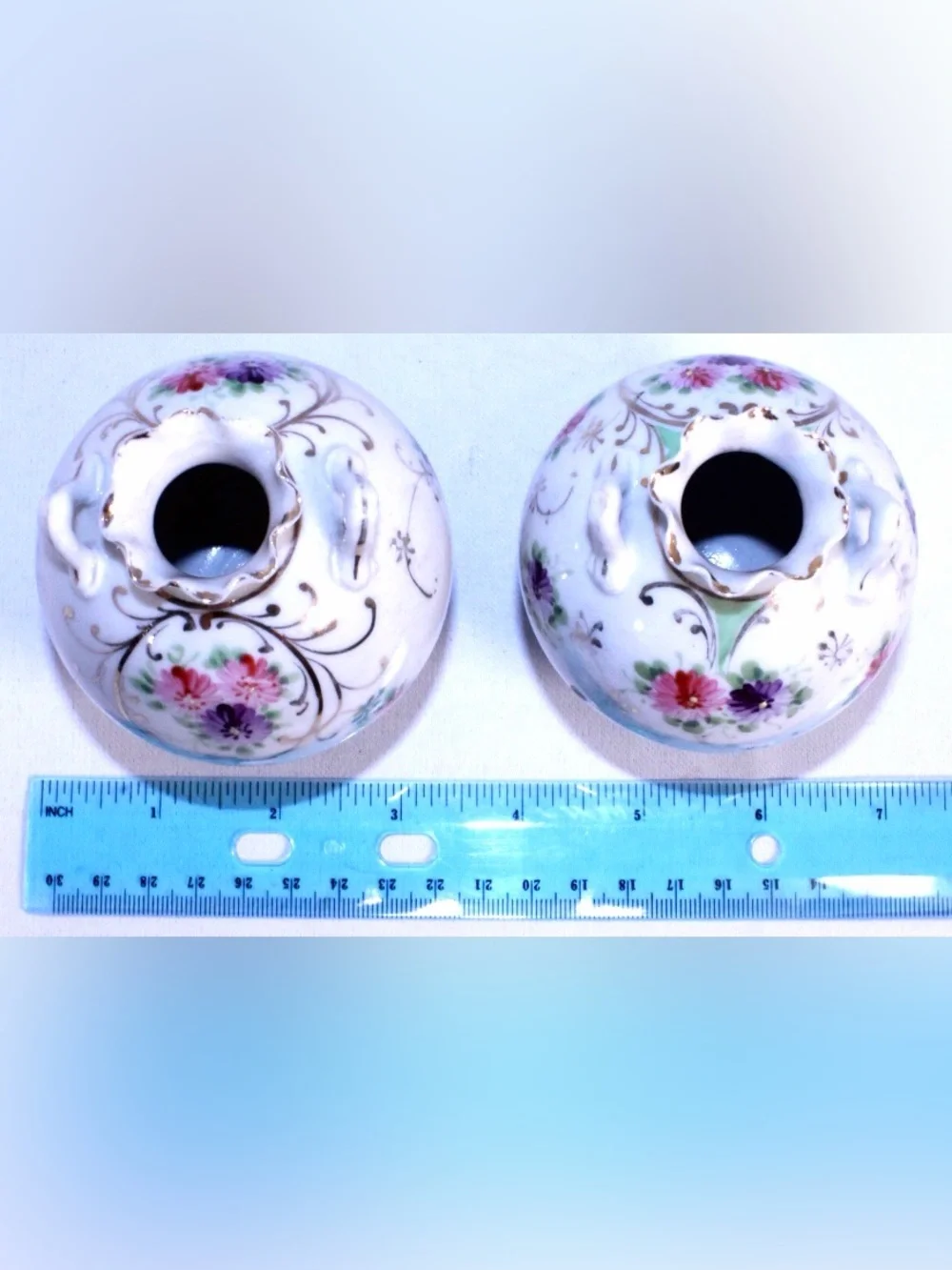 Set of 2 Floral Porcelain Bud Vases - White with Pink & Purple Flowers Gold Trim